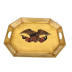 Vintage Patriotic Tray with Handles American Flag Eagle Metal Serving Decor Tray